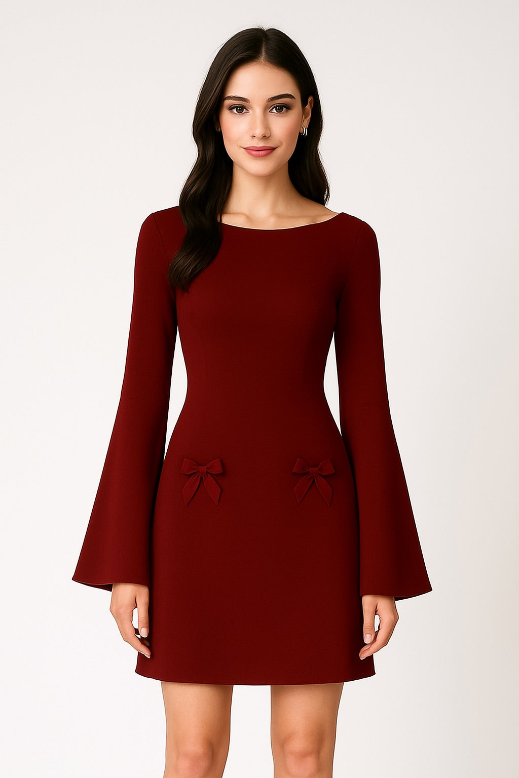 Burgundy Mini Dress With Bell Sleeves