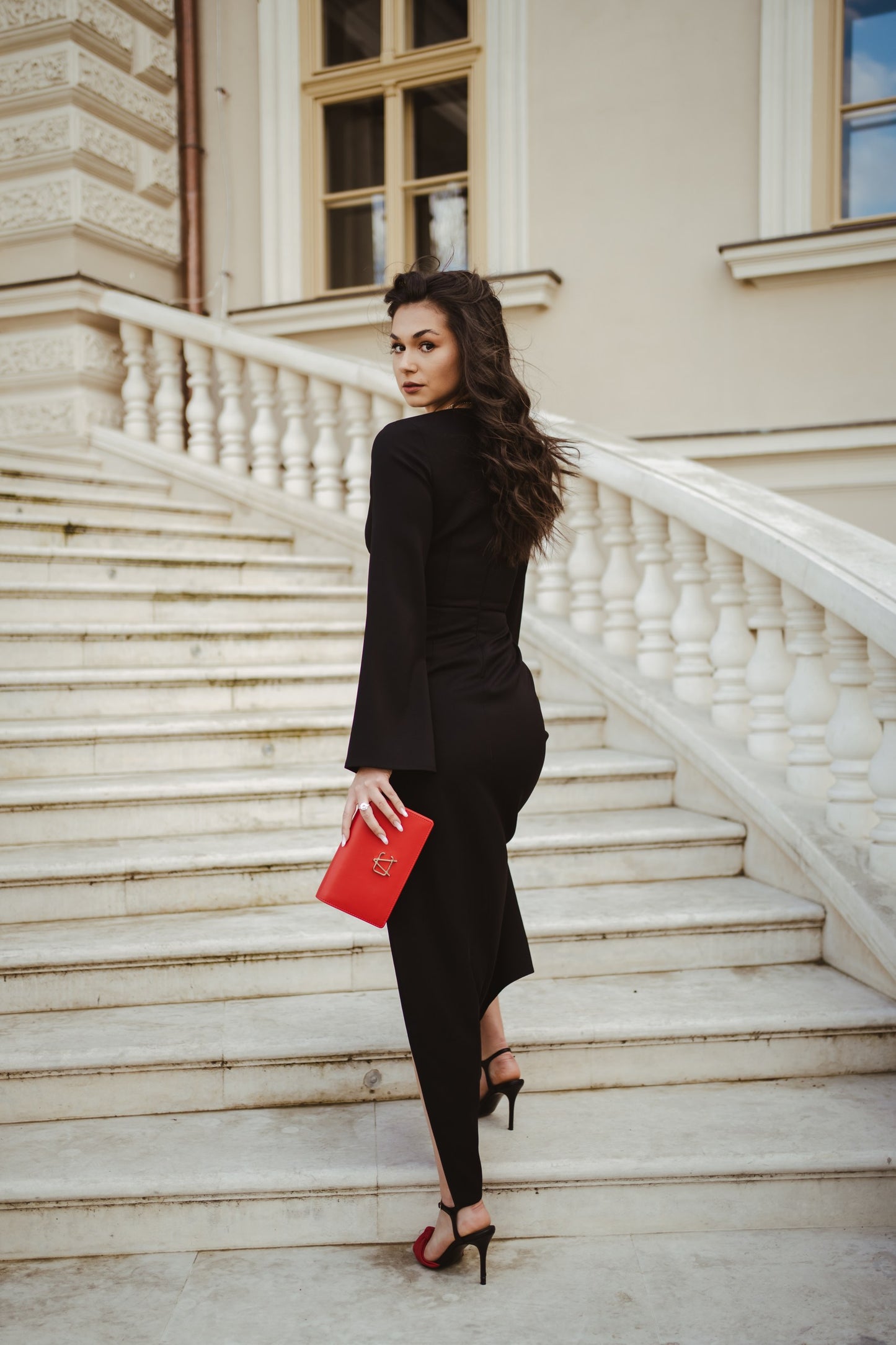 Black V-Neck Elegant Maxi Dress With Slit And Long Bell Sleeves