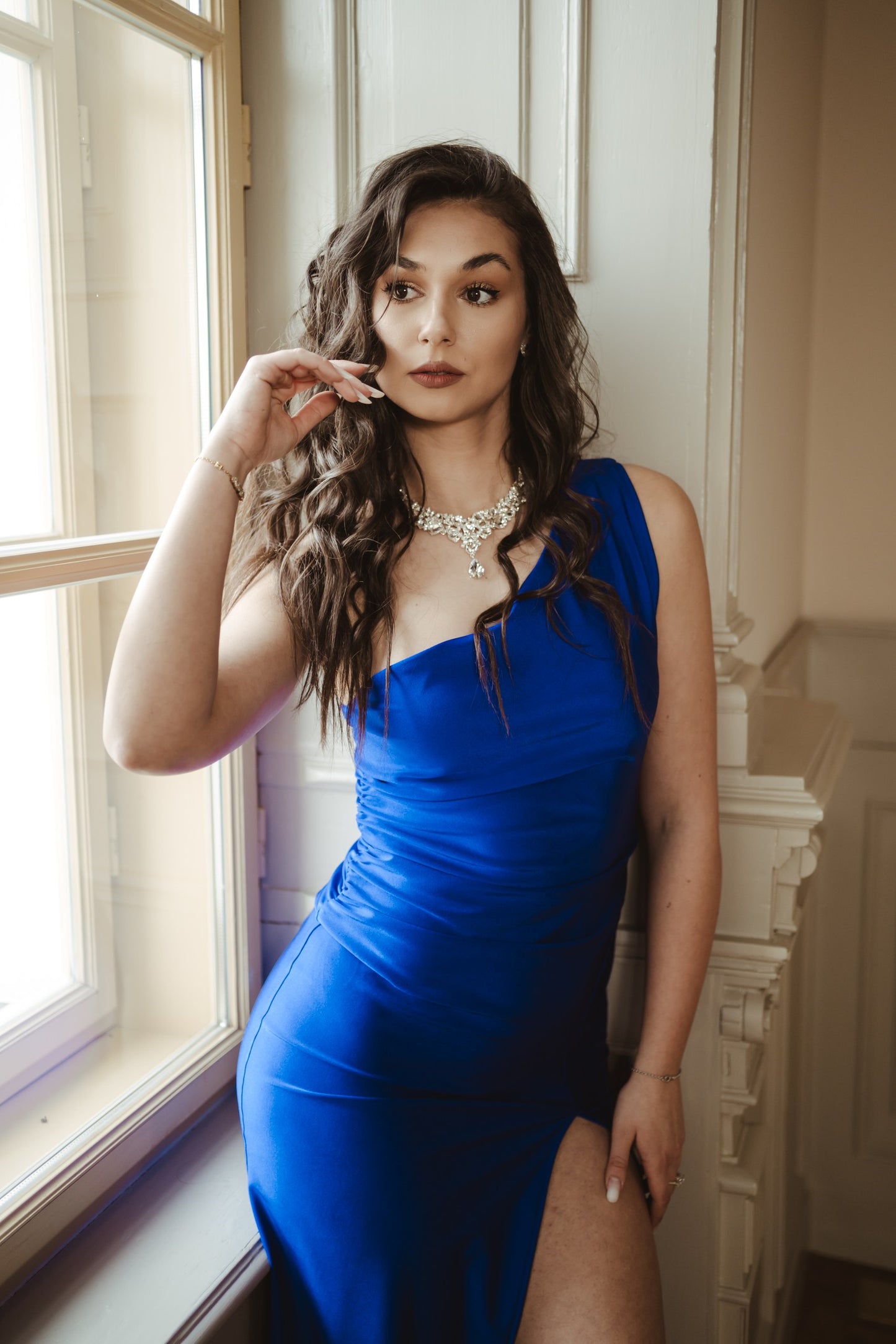 Blue One-Shoulder Sleeveless Maxi Dress With Slit