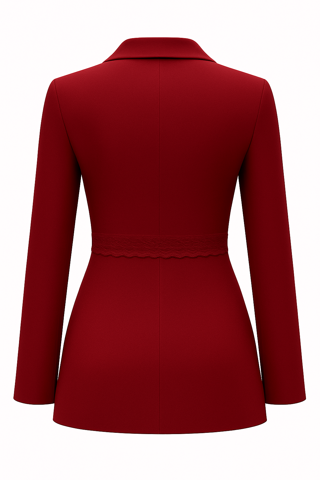 Burgundy Blazer With Lace Waist Belt And Satin Collar