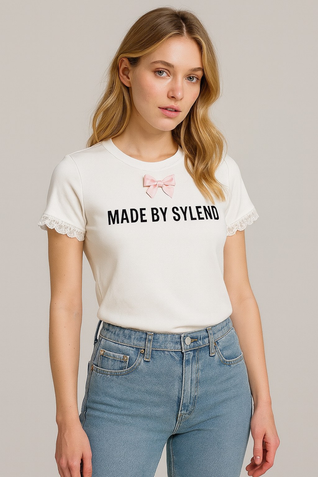 MADE BY SYLEND White Cotton T-shirt with Pink Bow and Lace Details