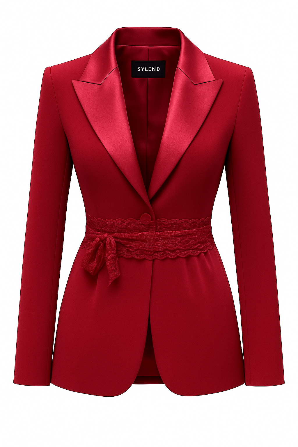 Burgundy Blazer With Lace Waist Belt And Satin Collar