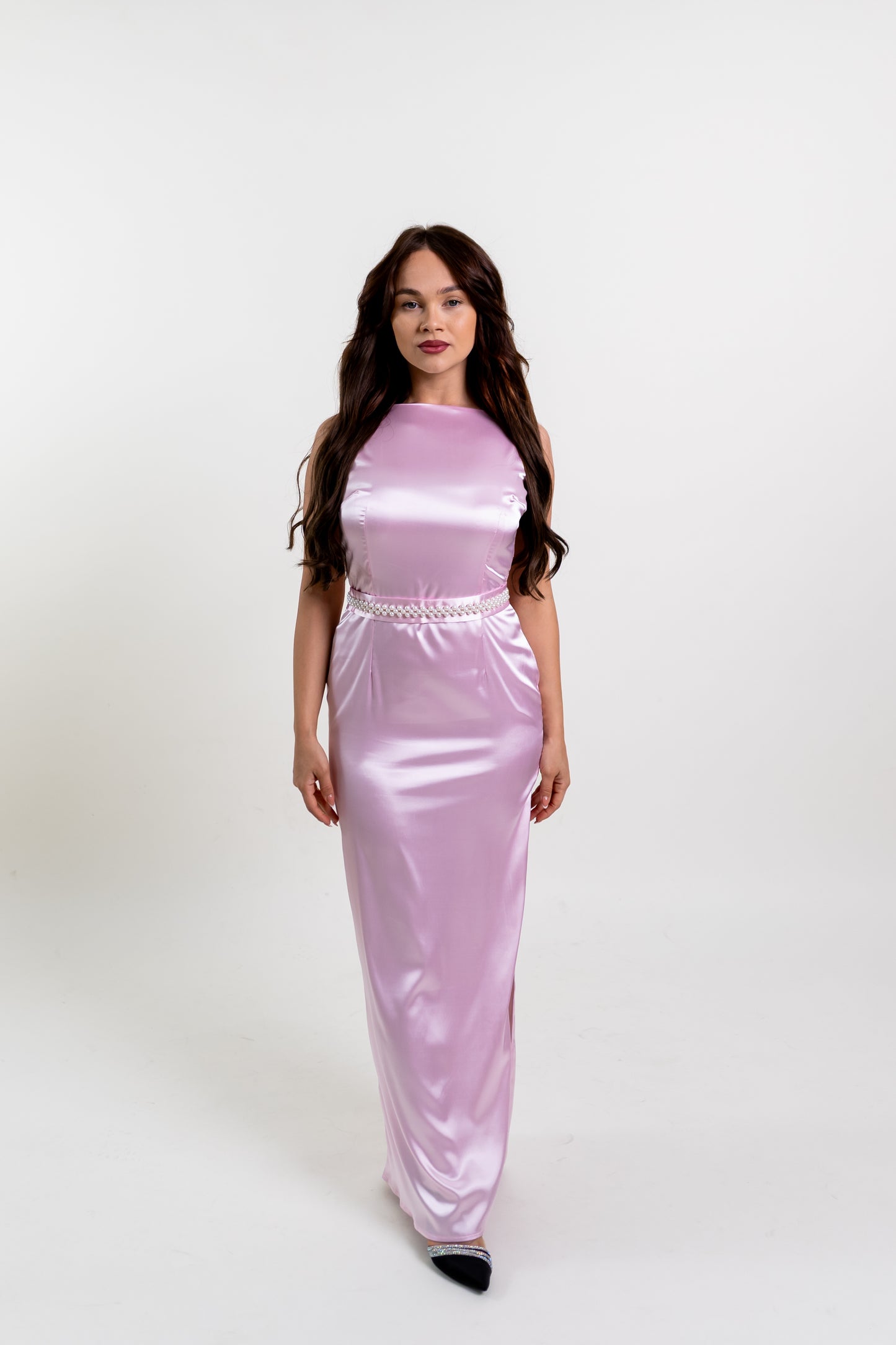 Maxi Pink Satin Elegant Sleeveless Dress With Slit, Straight Cut, Crew neck