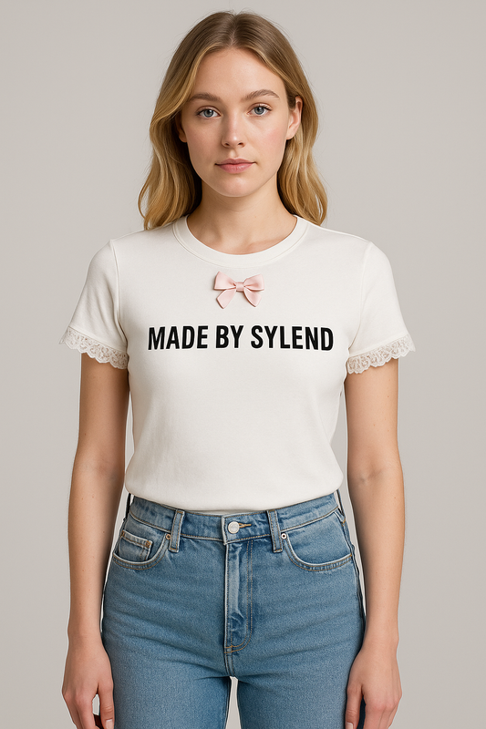 MADE BY SYLEND White Cotton T-shirt with Pink Bow and Lace Details