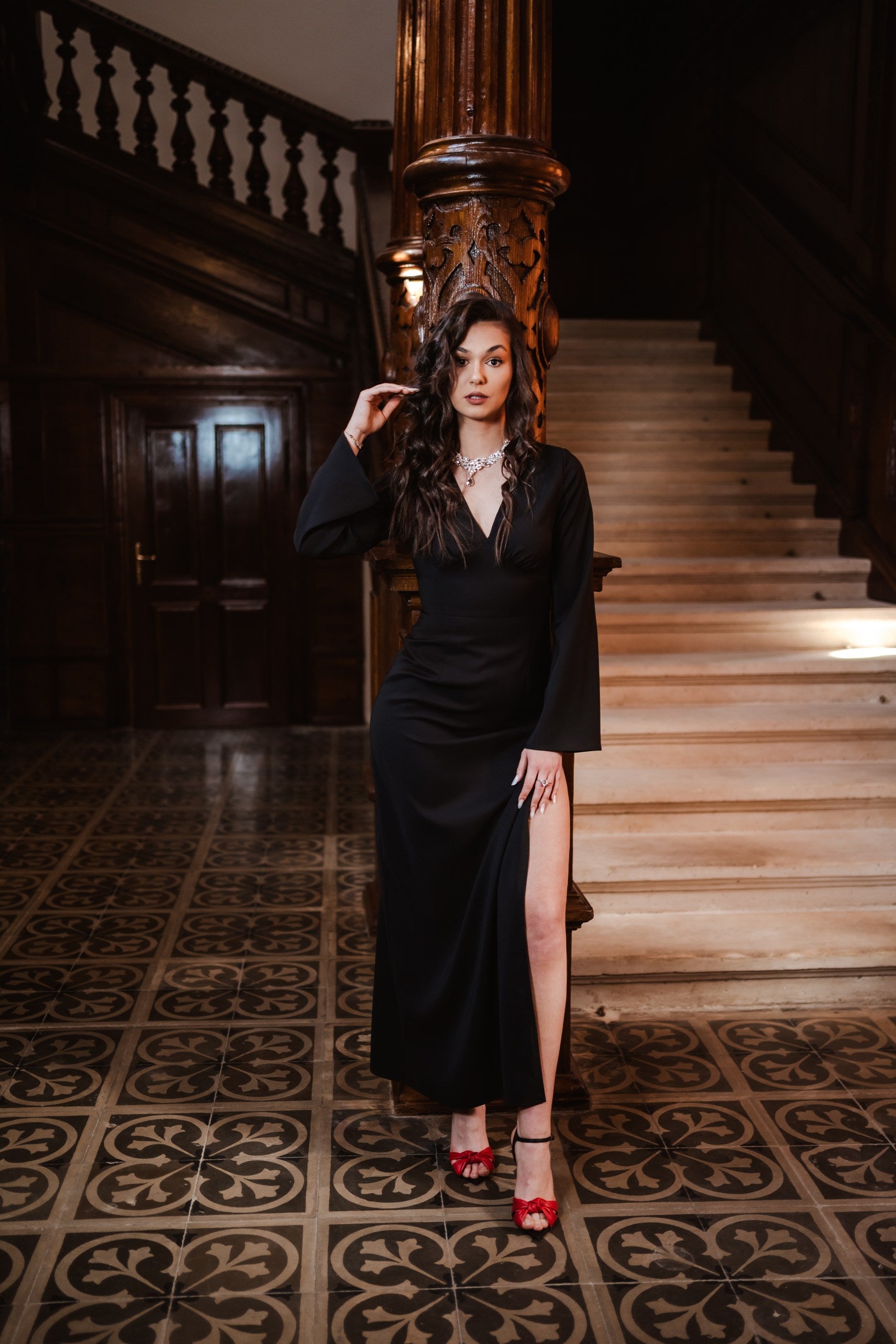 Black V-Neck Elegant Maxi Dress With Slit And Long Bell Sleeves