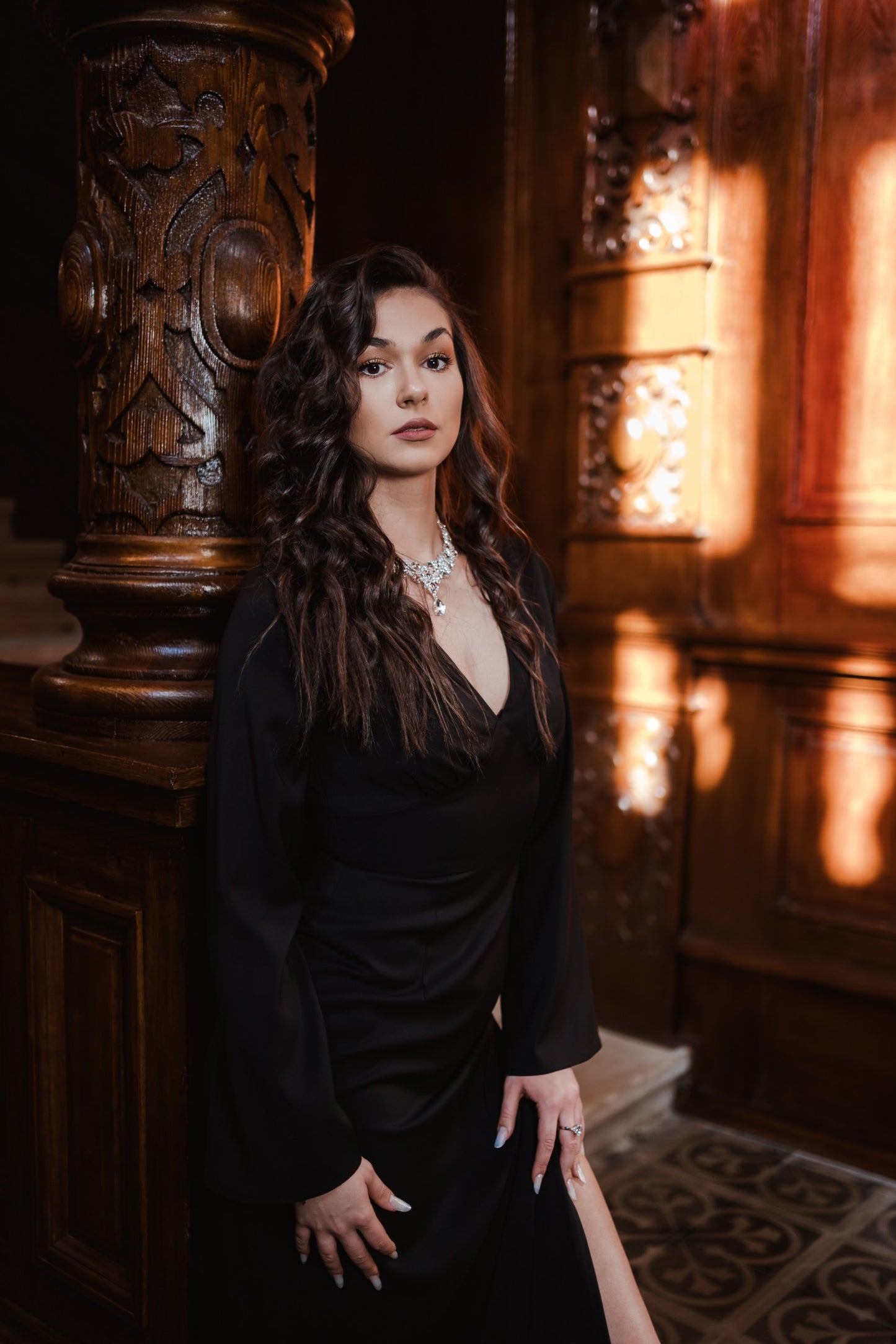 Black V-Neck Elegant Maxi Dress With Slit And Long Bell Sleeves