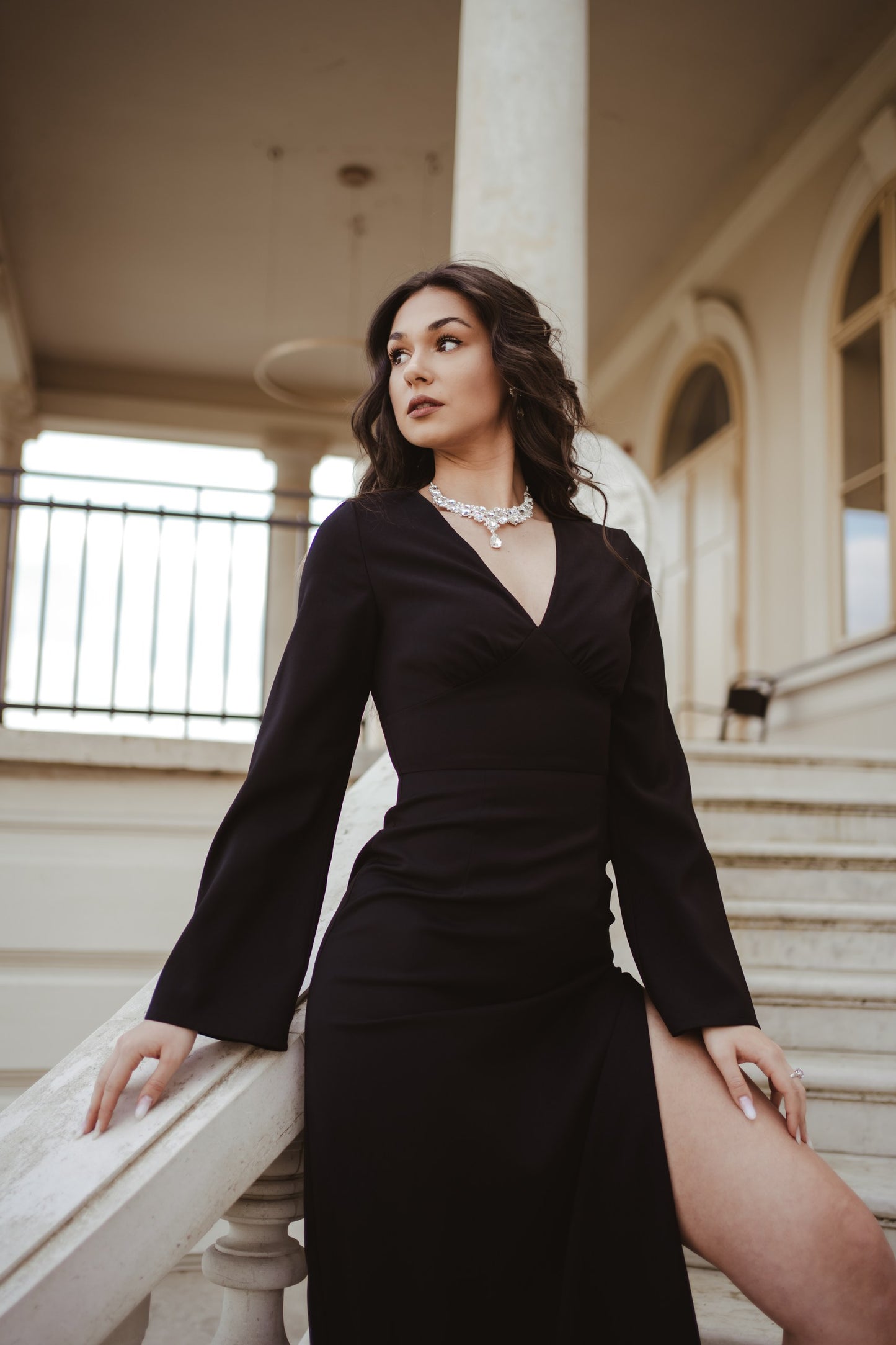 Black V-Neck Elegant Maxi Dress With Slit And Long Bell Sleeves