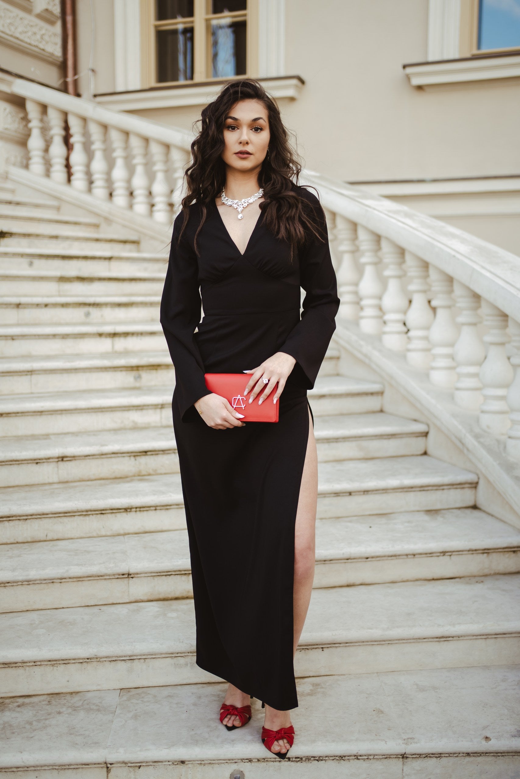 Black V-Neck Elegant Maxi Dress With Slit And Long Bell Sleeves