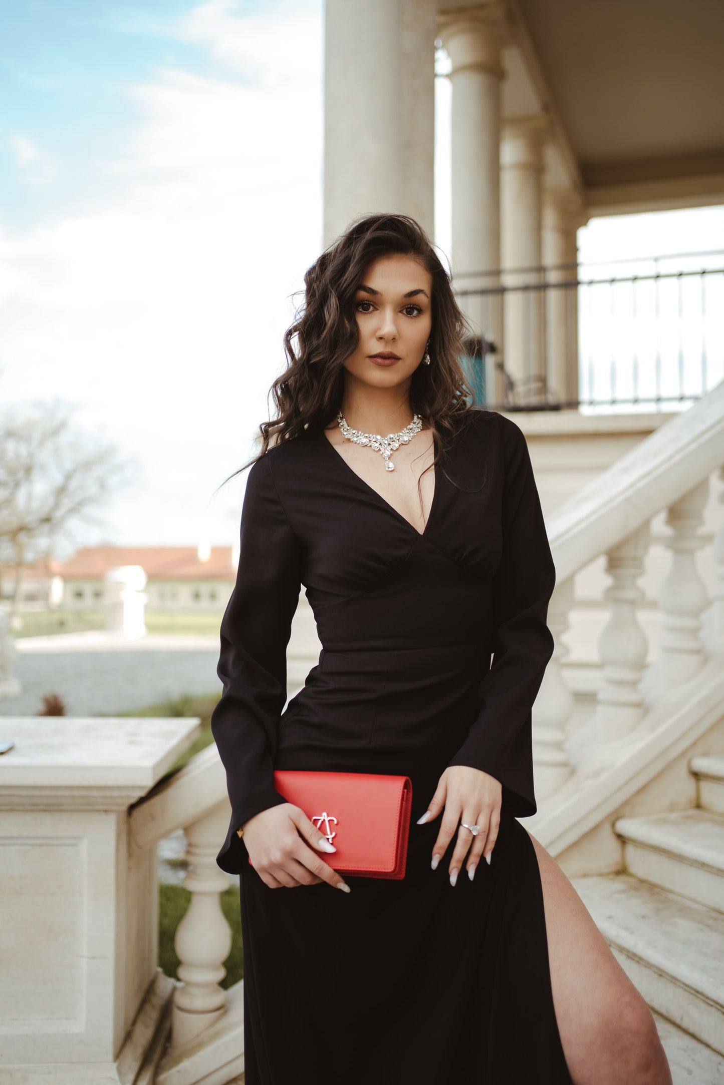 Black V-Neck Elegant Maxi Dress With Slit And Long Bell Sleeves