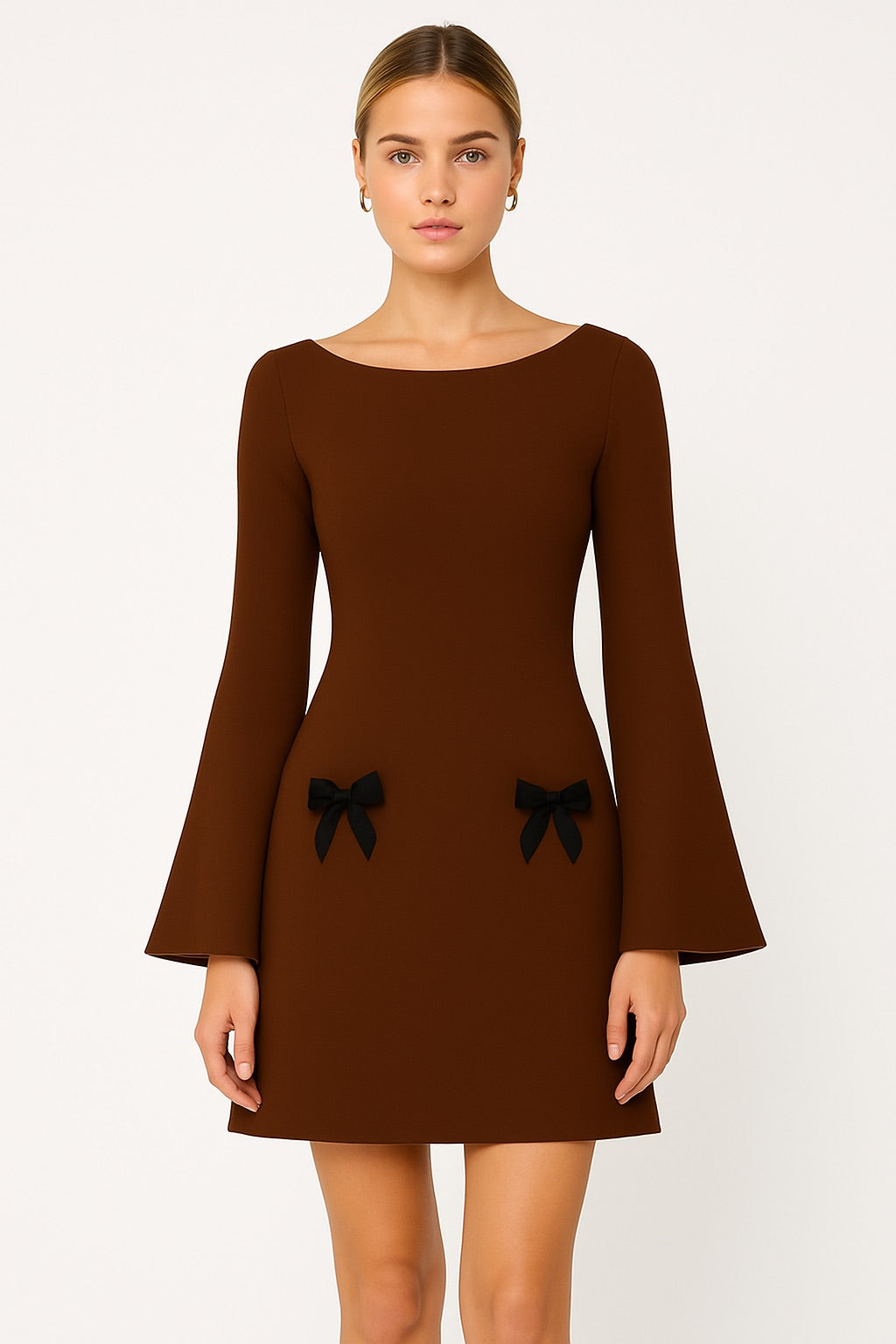 Brown Mini Dress With Bell Sleeves SYLEND Brown Mini Dress With Bell Sleeves SYLEND