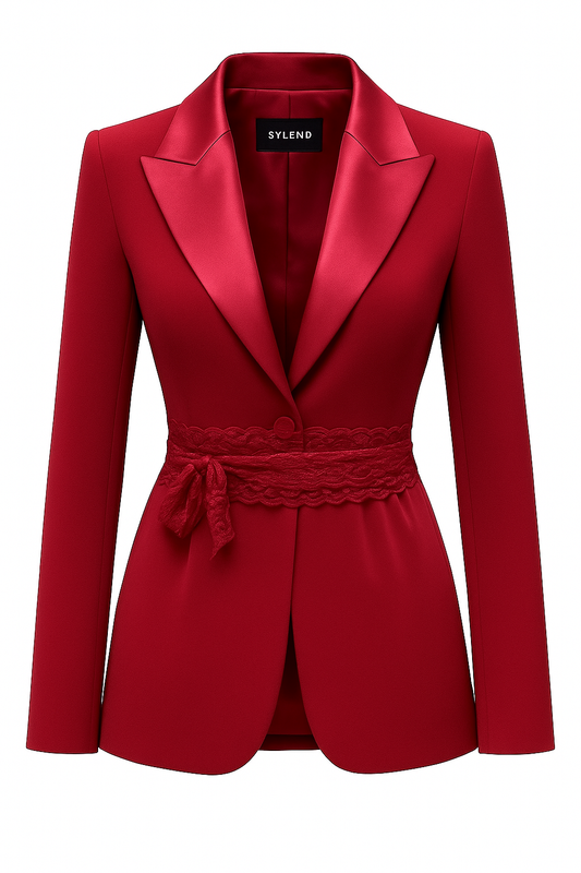 Burgundy Blazer With Lace Waist Belt And Satin Collar