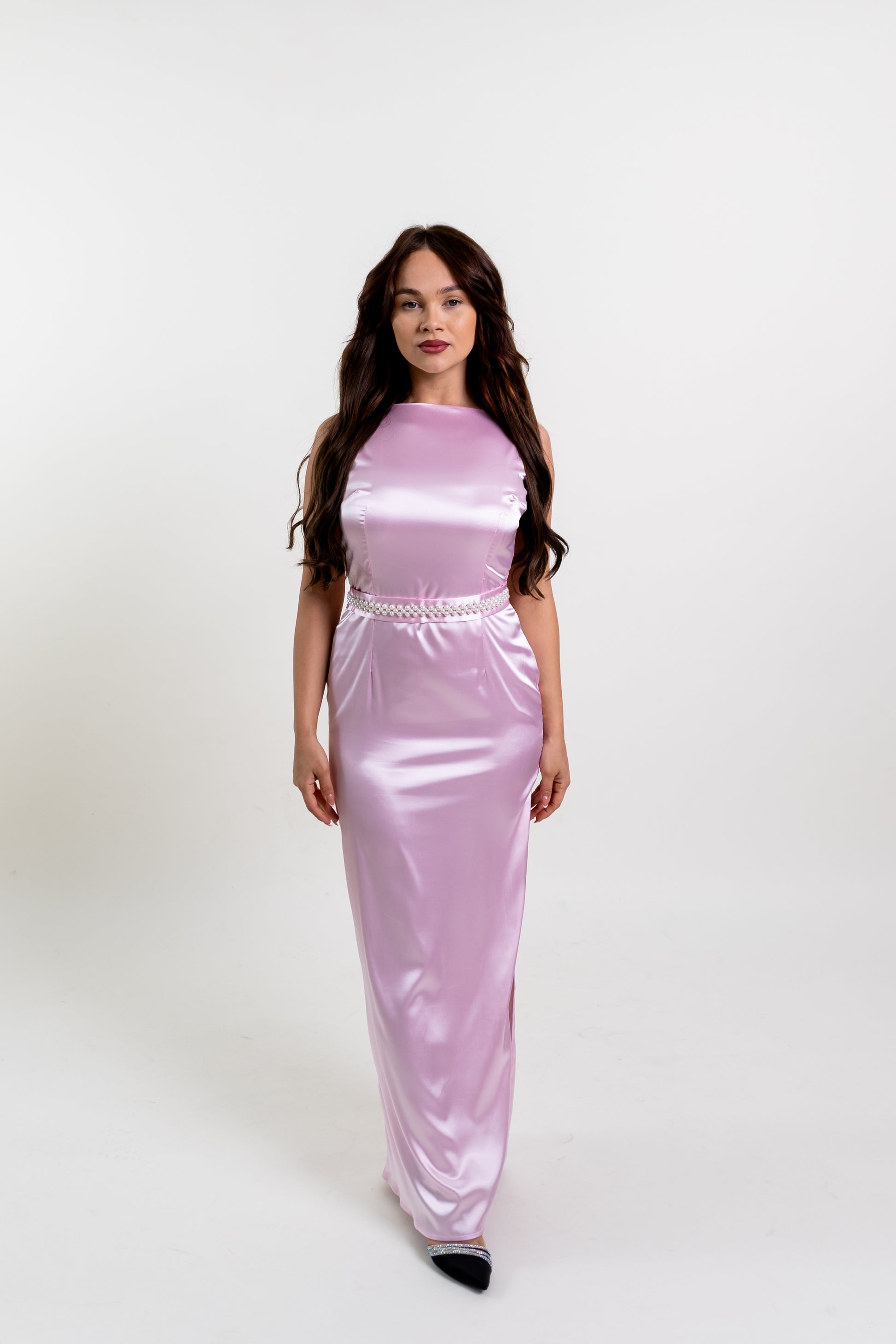 Maxi Pink Satin Elegant Sleeveless Dress With Slit, Straight Cut, Crew SYLEND Maxi Pink Satin Elegant Sleeveless Dress With Slit, Straight Cut, Crew SYLEND