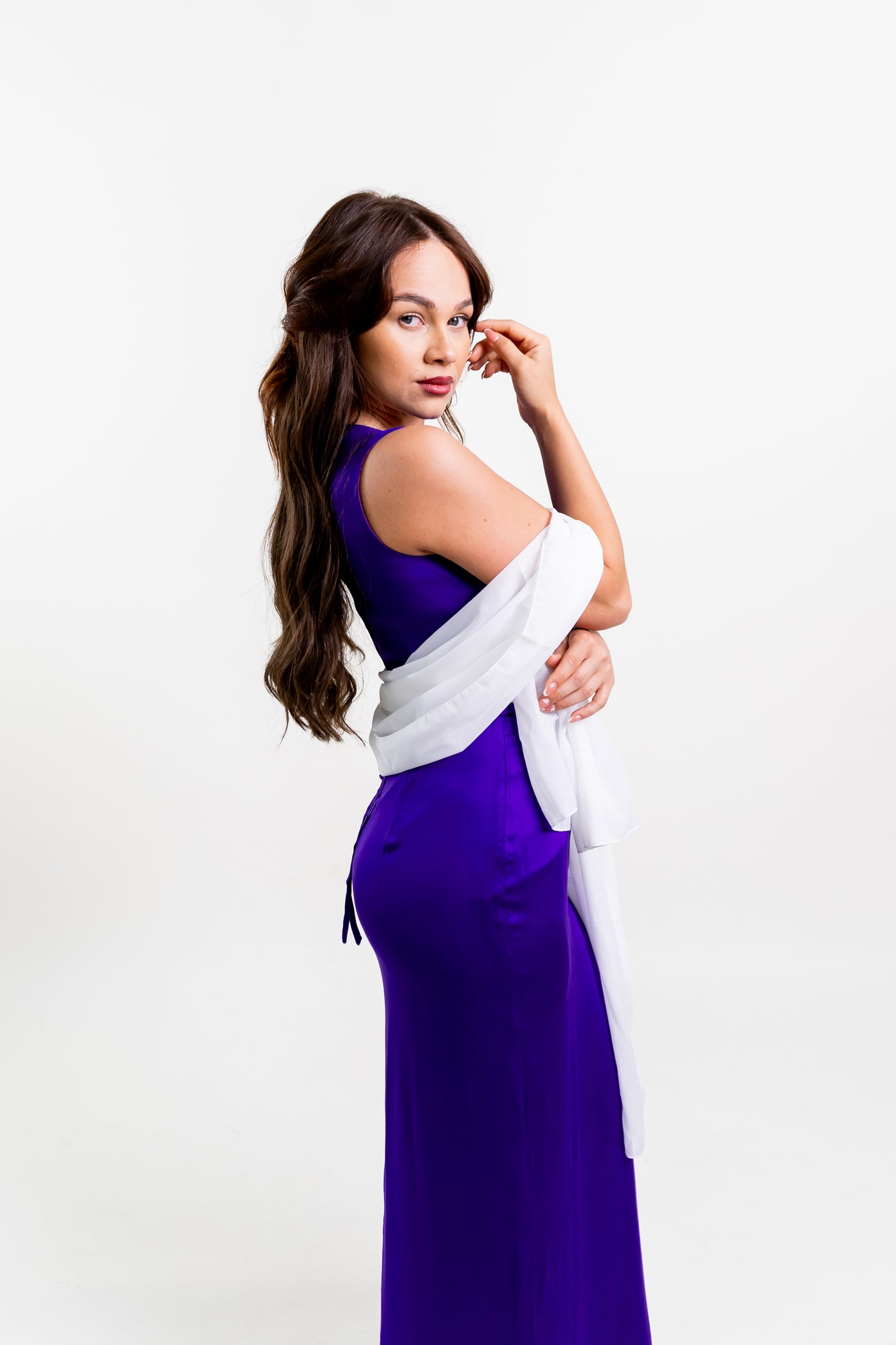 Purple Cotton & Silk Elegant Sleeveless Maxi Dress With Slit, Straight Cut, Crew neck