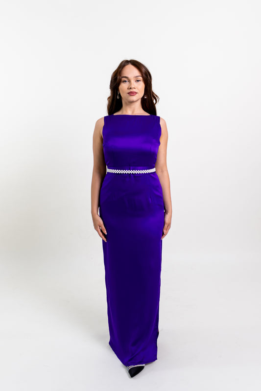 Purple Cotton & Silk Elegant Sleeveless Maxi Dress With Slit